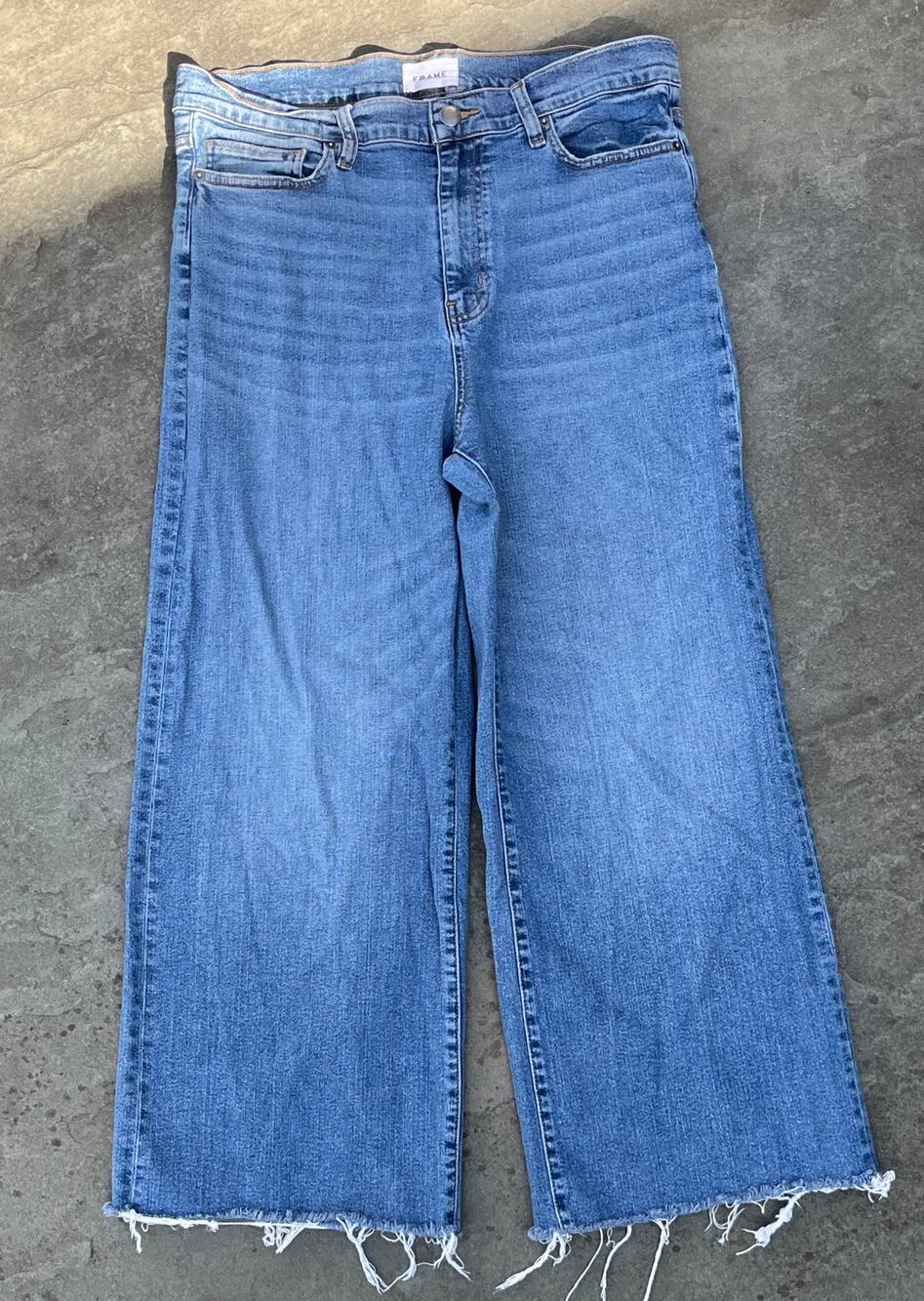 FRAME Le Bixby High Rise Cropped Wide Leg Jeans Distressed Frayed Hem Sz 32